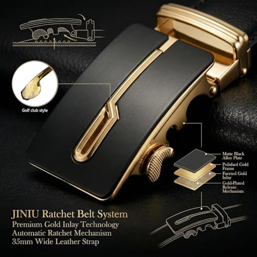 Image of JINIU Men's Ratchet Belt Buckle, Black Genuine Leather Slide Belt for Men Dress Suit, Micro Adjustable Trim to Fit Boxed
