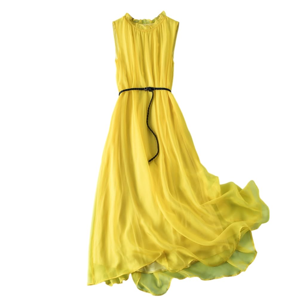 DISSA Damen Seidenkleid Einfarbiges Rundhals Ohne Arm 100% Seide Kleid Luftiges Hoch Taillierte Rüschen Knielanges Mulberry Seidenkleid,D98003