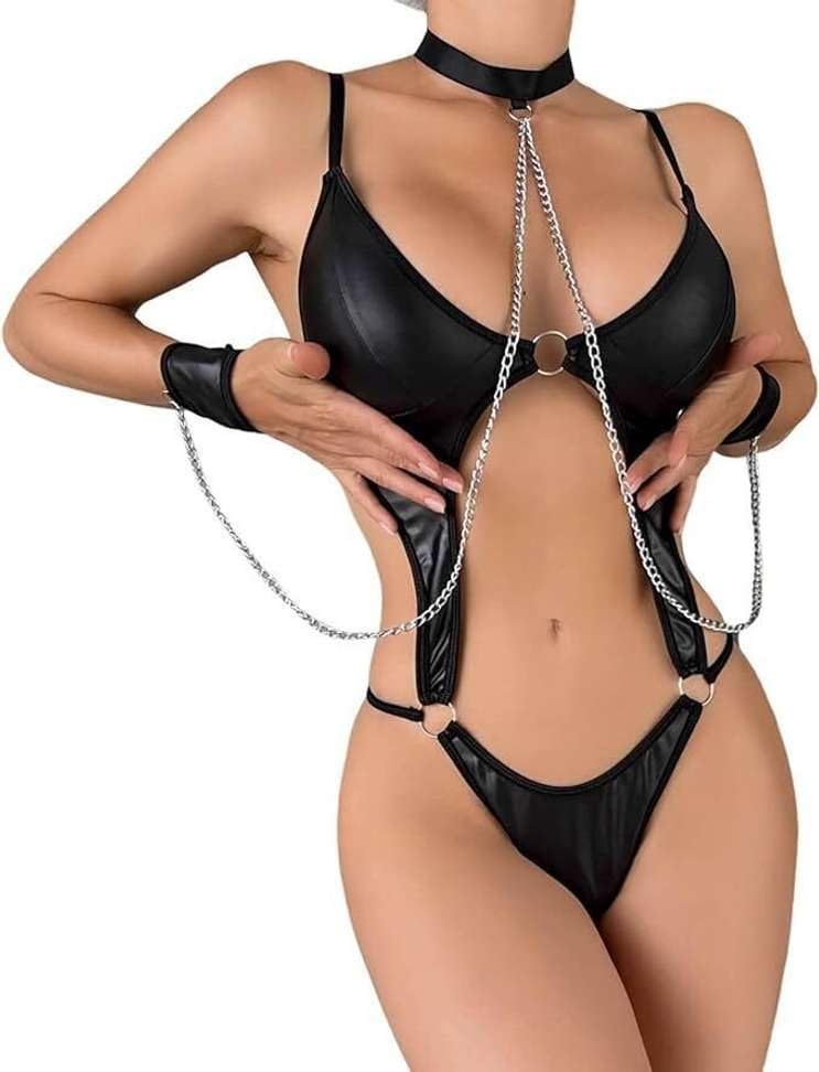 ssoshhub Lingerie for Women PU Leather Wet Look Cut-Out Bodysuit with Metal Chain Bodysuit Cage Babydoll Lingerie for Women Girl Black-picture-50