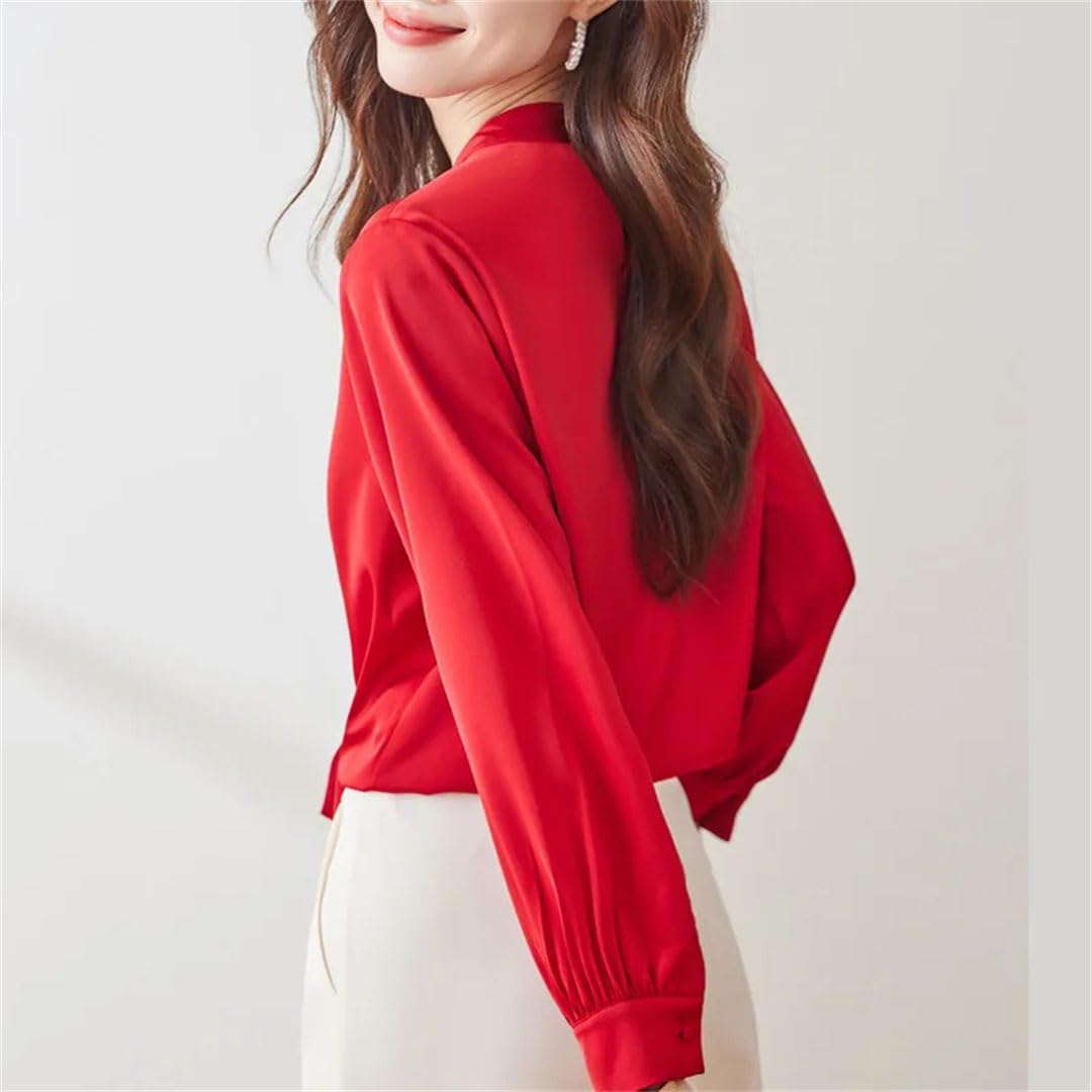 Blusa elegante de oficina para mujer, con lazo, cuello redondo, manga larga, color liso