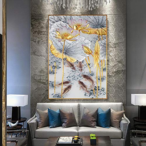 Toile Abstraite Poissons Lotus Dorés Solution Mur Vide Salon 70x100 - 3