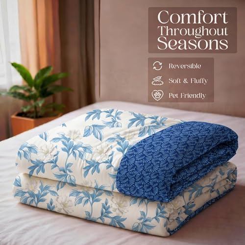 Image of Utopia Bedding Microfiber AC Comforter for King Size 220x240 cm - Lightweight, Skin-Safe & Hotel-Style Quilted Blanket with Floral Print Blue