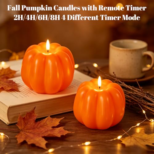 Image of Wondise Orange Fall Decorations Real Wax Pumpkin Candles with Remote Timer | Battery Operated Fall Candles Fall Decor for Thanksgiving Gifts, Autumn Farmhouse Harvest Decor for Home Decoration