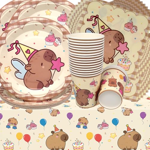 Capybara Decoração de aniversário para crianças, Doyomtoy louça de aniversário Capybara decorações de aniversário pratos chávenas guardanapos de festa para Baby Shower aniversário 20 convidados