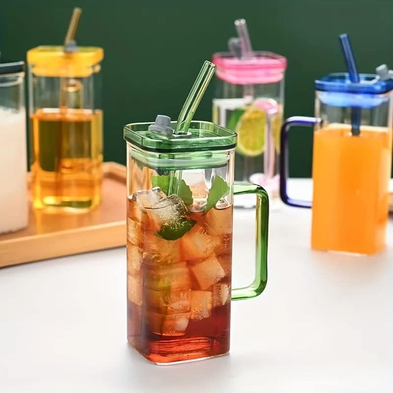 ZROY ENTERPRISE Random Color Glass - 400ml - Fruit Juice Soda Milk Sipper Tumbler Mug with Acrylic/Wooden Lid and Glass Straw Tea and Coffee Cup Can Set (1, Acrylic Lid Square)