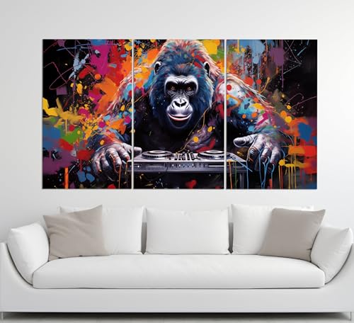 Peinture abstraite Gorilla DJ grand format 3 pièces pour habiller un grand mur vide sans cadre