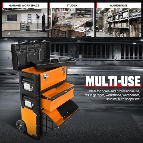 Image of Auto Dynasty Stackable Tool Box 3-Tier Tool Separate Organizer Rolling Tool Chest with Wheels 3-in-1 Upright Trolley for Garage or Workshop, Orange