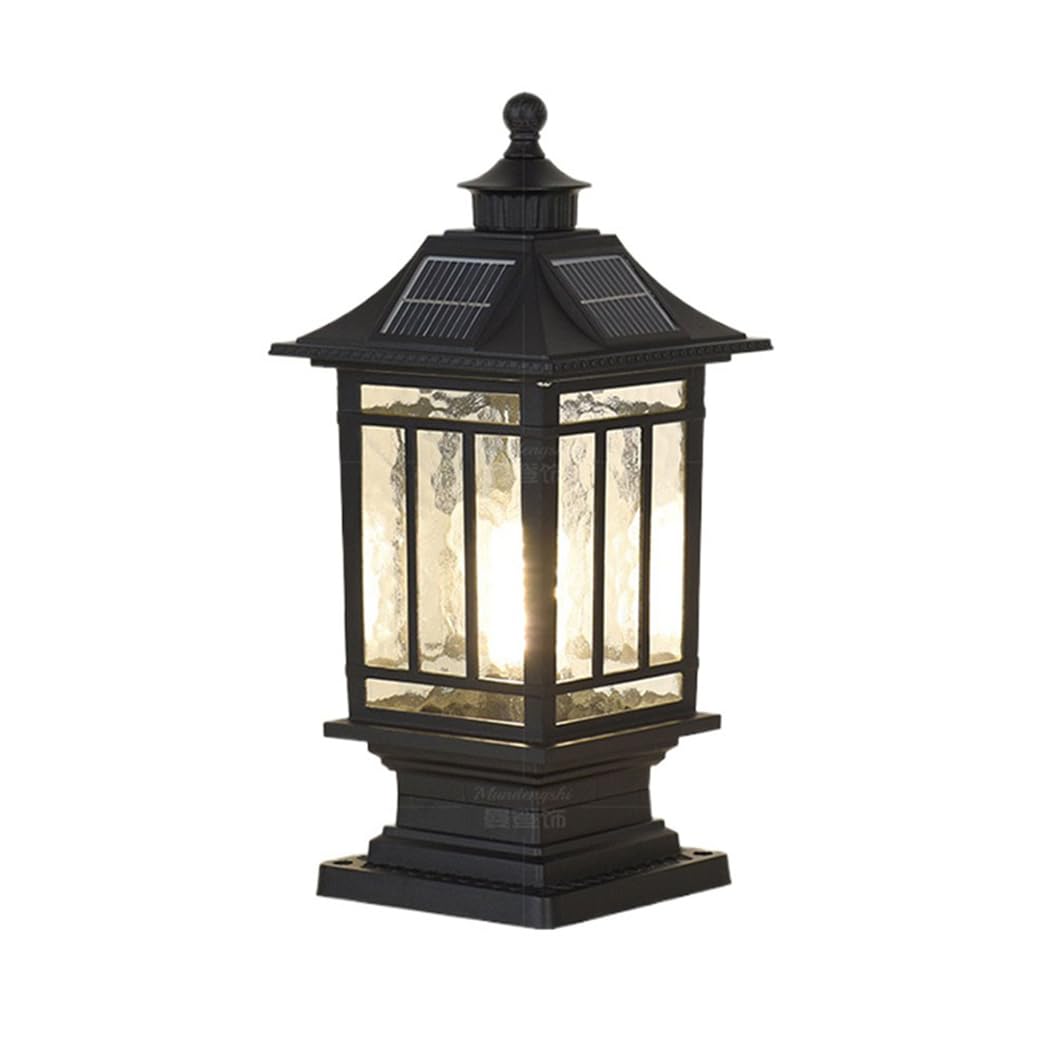 HCIPJQY Top Wall Fence Solar Column Light with Pier Mount Base Industrial Cast Aluminum Decoration Pillar Cap Light with Glass Shade Vintage Classical Garden Lantern E26 Solar Powered Post Light