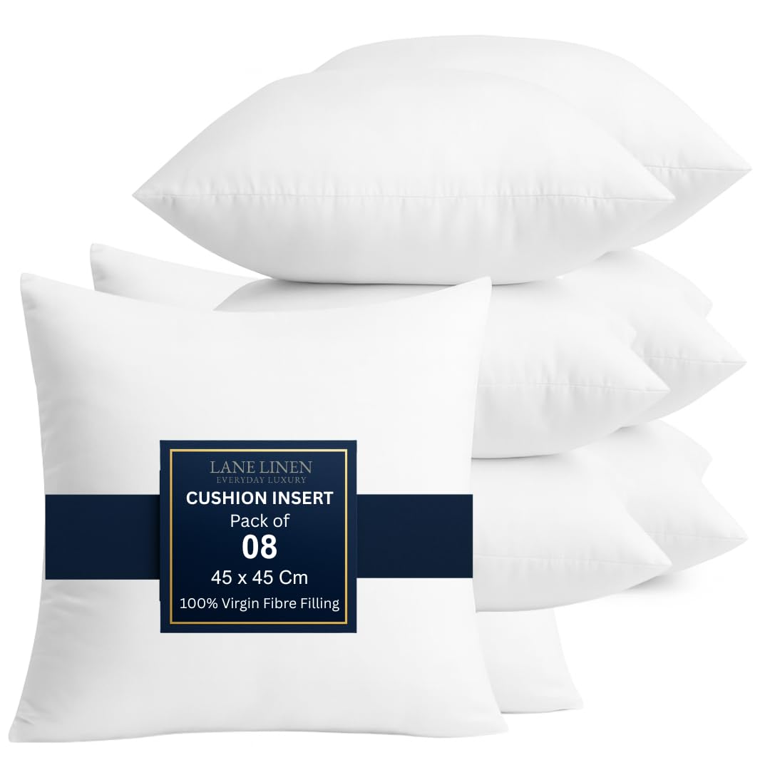 Lane Linen White Cushion Inserts (Pack Of 8) – 45X45 Cm (18X18 Inch) Throw Pillows - Hollowfibre Inner Pads For Sofa Or Bed – Cushion Fillers