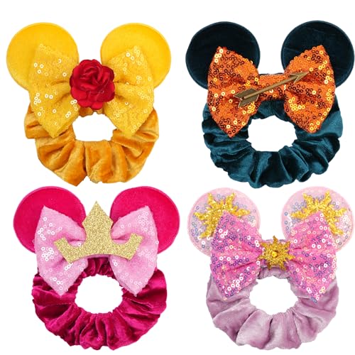 zhezesmila 4 Pack Velvet Mouse Ears Scrunchies with Bow Sparkle Sequin Mouse Ears Bows Elastic Hair Accessories for Women Vacation Photography Party
