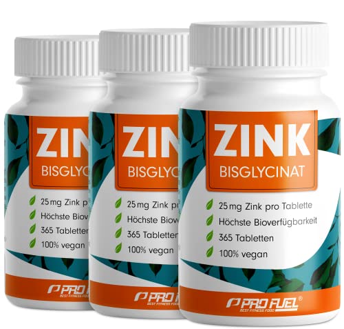 Zink 25mg - 3x365 Tabletten (vegan) mit Zinkbisglycinat (Zink-Chelat) für höchste Bioverfügbarkeit - laborgeprüft mit Zertifikat - optimal hochdosiert - Vorratspack für die Familie - ProFuel Zink 25mg - 3x365 Tabletten (vegan) mit Zinkbisglycinat (Zink-Chelat) für höchste Bioverfügbarkeit - laborgeprüft mit Zertifikat - optimal hochdosiert - Vorratspack für die Familie - ProFuel
