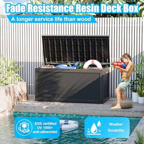 image for PatioZen 260 Gallon Large Deck Box,Resin Outdoor Storage Box with Lock