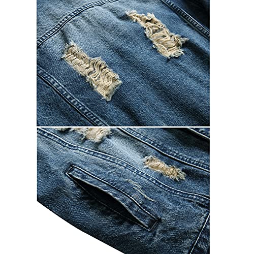 Image of RANMCC Men's Elastic Ripped Denim Jacket, Vintage Washed Frayed Trucker Coat, Lightweight Casual All Season Street Outerwear