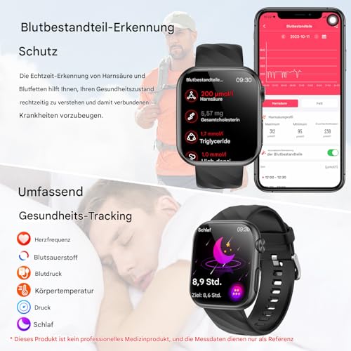 2026 Neue Smartwatch EKG+HRV/Harnsäure/BMI Herren Damen 1,97" AMOLED Gesundheitsuhr mit Telefonfunktion 24H Herzfrequenz SPO2 ΒΙutdruck Körpertemperatur BΙυtzυcker Schlaf/Apnoe-Monitor Fitnessuhr – Bild 6