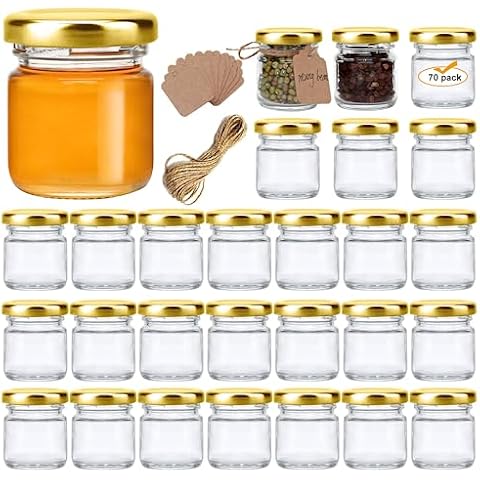 Encheng 1.5oz Mini Glass Jars Bulk Set of 70,Round Small 45ml Honey Jars with Golden Lids,Clear Mini Storage Canning Jar for Candle Making,Spice,Jelly,Jam,Wedding,Party Favor Cover