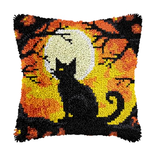 Image of bositigo Cat Latch Hook Pillow Kit for Adults & Kids, DIY Pre-Printed Canvas Craft, 17x17 Inch Decorative Cover for Sofa Cushions, Bedroom Decor (Cat Pattern 55)
