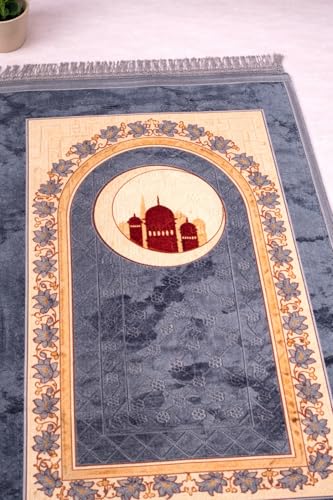 Image of Janamaz Prayer Mat Turkey Soft Velvet | Namaz Mat, Janimaz Namaz Aasan, Islamic Prayer Rug for Salah | 70x110 CM (Printed Grey2)