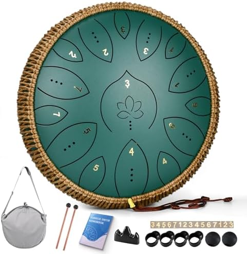 Steel Tongue Drum 13 Inches 15 Notes, Hand Pan Drums for Adults 440hz, C Major Handpan Musical Instrument with Song Book, Mallets and Carry Bag, Green Steel Tongue Drum 13 Inches 15 Notes, Hand Pan Drums for Adults 440hz, C Major Handpan Musical Instrument with Song Book, Mallets and Carry Bag, Green