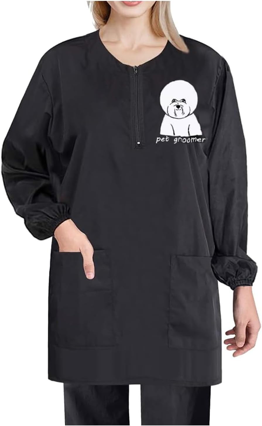 Waterproof Pet Grooming Smock with Zipper Long Sleeves Pet Grooming Work Clothes with Two Pockets Dog Cosmetologist