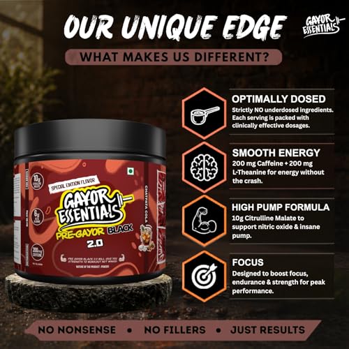 Image of Gayor Essentials Pre gayor black 2.0 Pre Workout High Stim Energy, Focus & Muscle Pump, 200mg Caffeine, 10g Citrulline Malate, 6g Beta Alanine, L-Theanine Performance Formula(Cola, 676g)