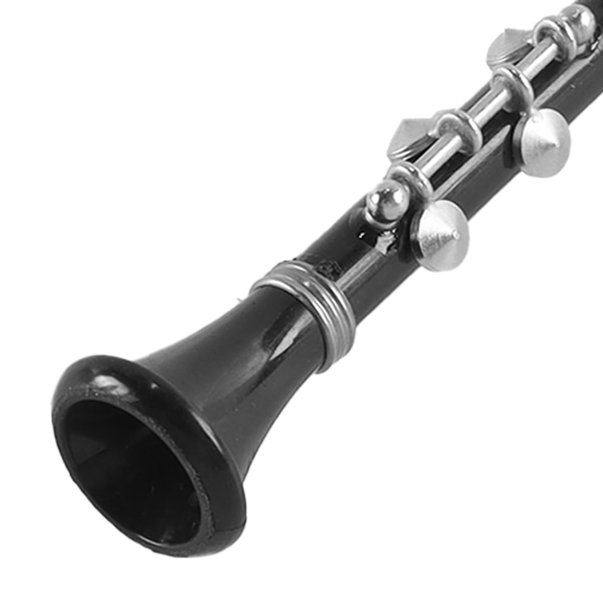 Spilla decorativa in vinile nero in metallo, modello di clarinetto basso in miniatura, 16 cm, scala 1/6, con custodia nera e supporto.