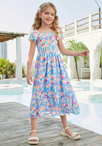 GRACE KARIN Girls Flutter Sleeve Floral Dresses Girl Long Midi Spring Dress Kids Smocked Flare Summer Dress 6-16Y - Image 6