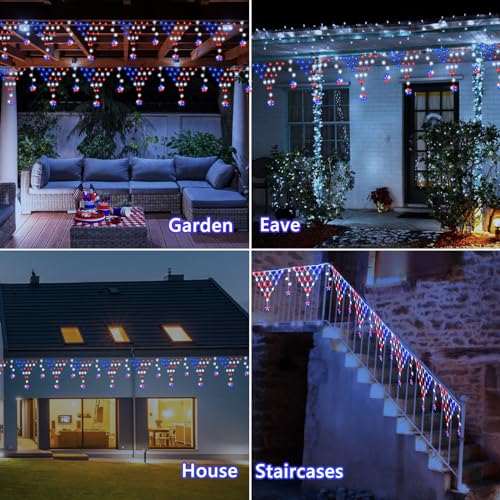 Puhong JT-EL/FC300V0200-C New) 4Th Of July Decorations, 218 Led Red White And Blue String Lights With Remote, 13.8Ft Expandable 8 Modes Outdoor Waterproof Icicle Lights For Memorial Day, Election Day, Patriotic Decoration thumb #4