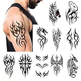 Large Tribal Temporary Tattoos for Men & Women – 10 Sheets 7.4'x4.7' Black Totem Fake Tattoos, Waterproof Removable Body Art Stickers for Chest, Arms, Shoulders, Legs