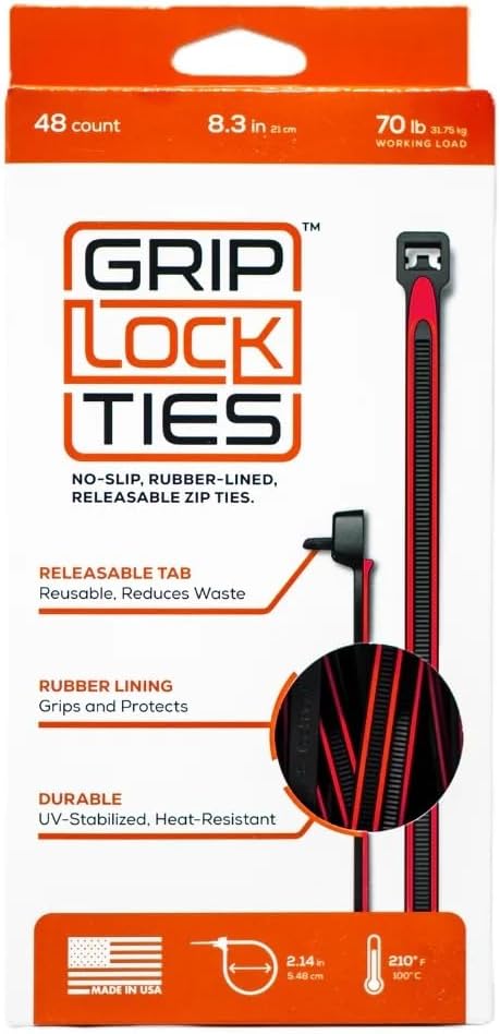 Grip Lock Cable Ties, Zip Ties, 8 in Long, Red Rubber Lined, Nylon, Black, Reusable, Set of 48
