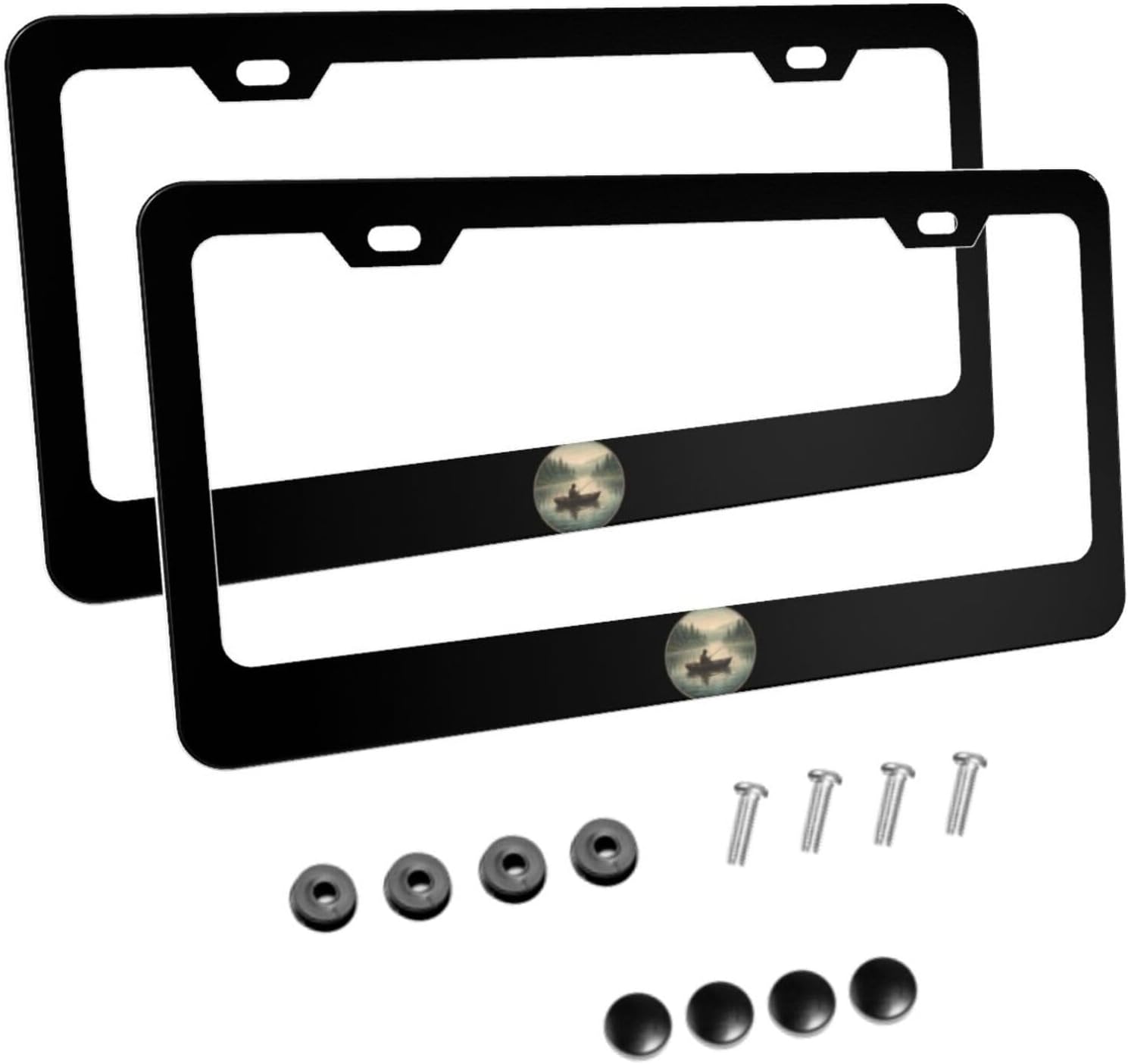 Lake Life Fishing Fisher Matte Aluminum License Plate Frame with Black Screw Caps，2pcs 2 Holes Black Licenses Plates Frames,Car Licenses Plate Covers Holders for Us Vehicles/Women/Men