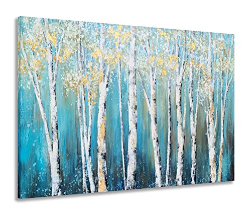Yihui Arts Birch Tree Canvas Wall Art Hand Painted Teal and White Color Painting with Gold Foil Modern Forest Pictures for Living Room Bedroom Office Decoration