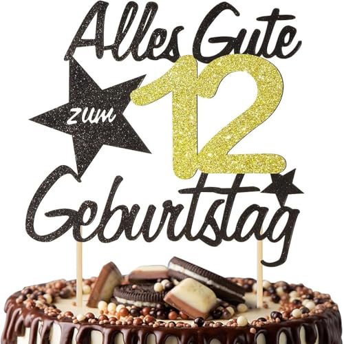 Alles Gute Zum 12 Geburtstag Cake Topper, Black Gold Glitter German Happy Birthday 12th Cake Decoration, Cheers to 12 Years Cake Charm Party Decoration Supplies (12)