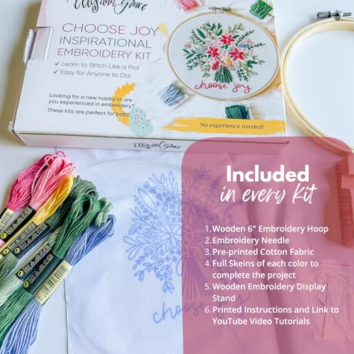 Image of Elly & Grace Christian Embroidery Kit with Embroidery Hoop, Easy Embroidery Kit for Beginners and Adults, Full Embroidery Hoop Kit with Needles and Thread Included (Choose Joy)