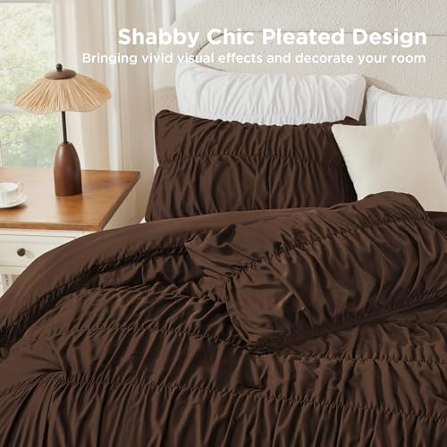 Image of Andency Ruched Brown King Size Comforter Set, Shabby Chic Pleated Bedding Sets 3 Pieces, Lightweight Soft Boho Ruffle Bed Set for Girls, Kids, Women, All Season
