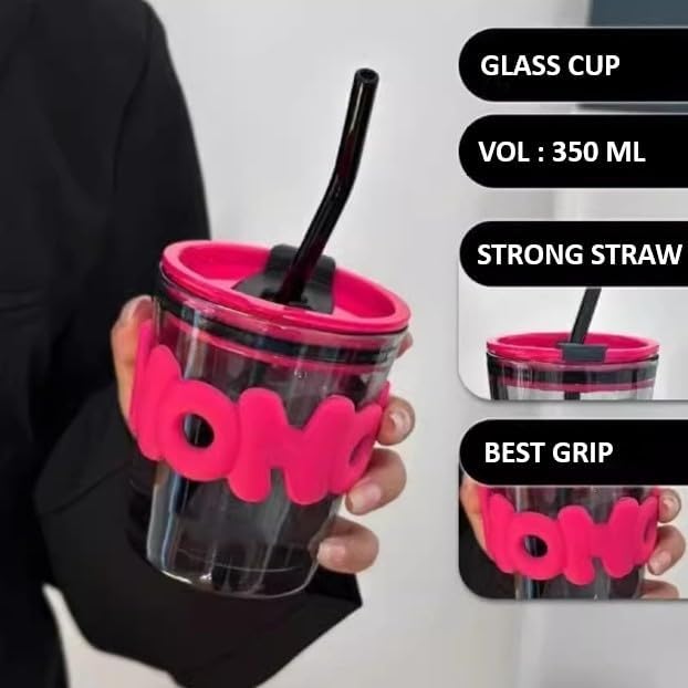 Image of Glass Sipper Tumbler with Straw (Set of 2) | 350ml Stylish Cup for Cold & Hot Drinks | Reusable Travel Mug for Office, Gym, Home