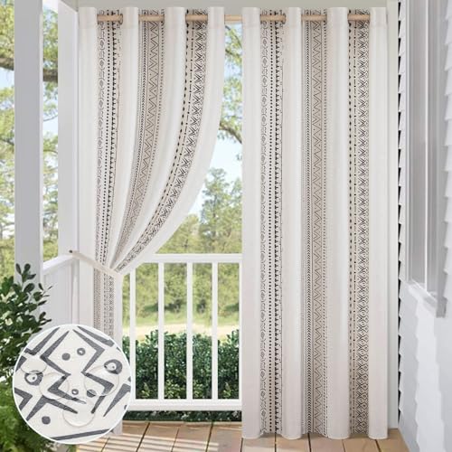BTTO Outdoor Curtains for Patio Waterproof, Bohemian Pergola Curtains, Blackout Thermal Insulated Grommet Curtain for Gazebo, Porch, Indoor Living Room, Bedroom, 2 Panels