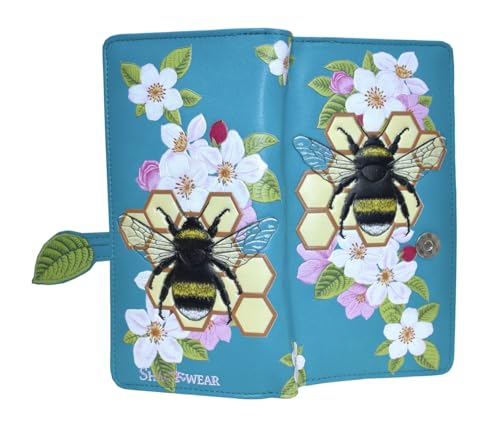 Shag Wear Bumblebee Honeycomb Tattoo Large Women’s Wallet, Vegan Faux Leather Bifold with Card Slots, Bill Compartments and Secure Snap Closure in Teal 7"