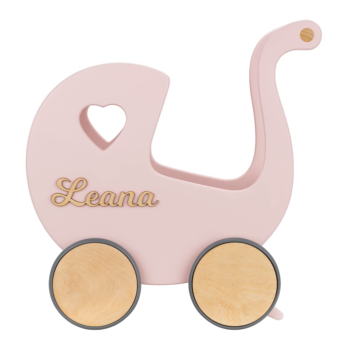 Puppenwagen ab 1 Jahr - Individuell mit Namen - Handgefertigter Puppenwagen - Holzpuppenwagen - Sicher Abgerundete Kanten - Ausdrucksstarke und Schöne Farben (Puderrosa)