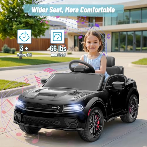 Image of Electric Car for Kids,Licensed Dodge Charger SRT Hellcat Ride on Car,3.1mph Max Speed,12V 7A Kids Electric Vehicle with Remote Control,Music,LED Light,Bluetooth (Black)