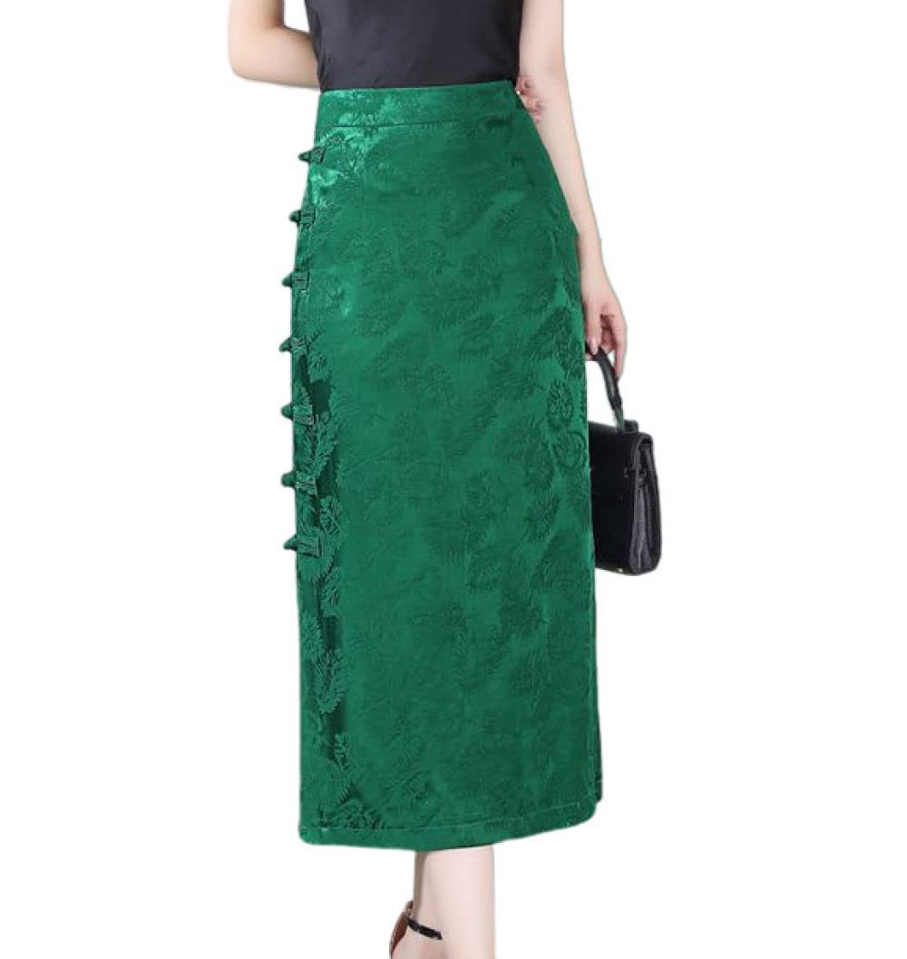Gonne Da Donna,Gonna Longuette Da Donna Verde A Vita Alta Gonna Dritta Con Spacco Jacquard Nazionale A Vita Alta Fianchi Con Cerniera Avvolta Sottile Gonne Lunghe Eleganti A-Line Per Ragazze Signore