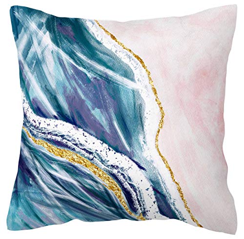 Bluettek Printed Abstract Blush, Blue And Turquoise Color Decorative Throw Pillow Covers Only, Soft Velvet Accent Cushion Cases 45Cm X 45Cm (Blush & Blue Waves) #TOP1