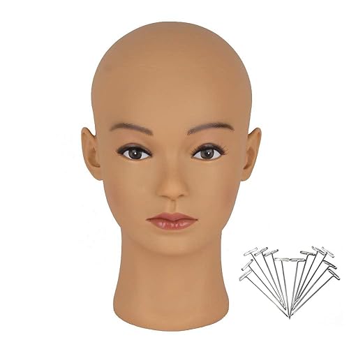Hairway Maniquí profesional de entrenamiento de cosmetología femenina, cabeza de maniquí calva para hacer y exhibir pelucas, con pasadores en T