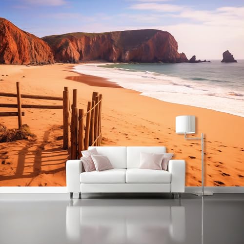 Non-Woven Wallpaper 300 X 210 Cm Mediterranean Style Art Photo Wallpaper Mural Home Poster Decoration Orange Beach Wooden Fence Murals Wall Print for Living Room Kids Bedroom