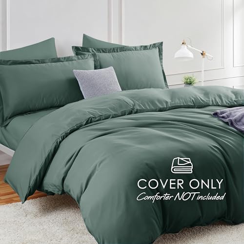 Image of Hearth & Harbor Forest Green Duvet Cover with Fitted Sheet Twin Size | 3 Piece Soft Double Brushed Bedding Set, Button Closure, 1 Duvet Cover 68x90 Inches, 1 Fitted Sheet, 1 Pillow Sham