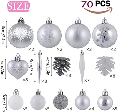 Victor's Workshop 70pcs 3-8cm Shatterproof Christmas Baubles Pack, Frozen Winter Silver and White Christmas Ball Ornaments for Christmas Tree Decoration