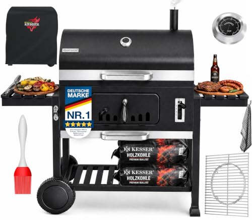 KESSER® Holzkohlegrill XXL Grillwagen Set mit Deckel & Thermometer – großer BBQ Kohlegrill Wagen, Smoker Grill mit Kamin & Lüftung, mit Grillrost, Warmhalterost & Ablage inkl. Haube, Bürste & Pinsel