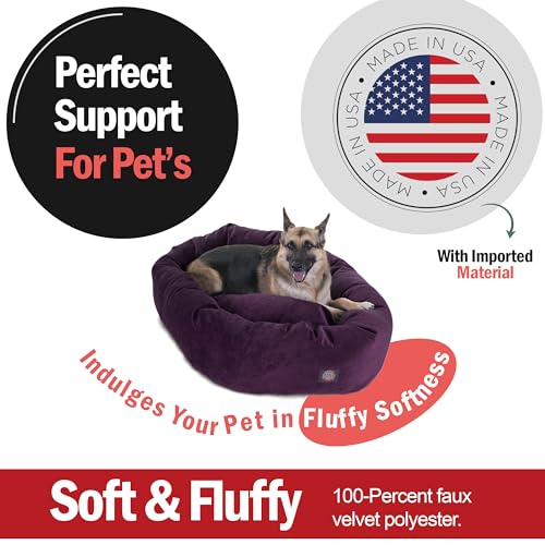 Image of Majestic Pet 52 Inch Micro Velvet Calming Dog Bed Washable - Cozy Soft Round Dog Bed with Spine for Head Support - Fluffy Donut Puppy Mat 52x35x11 (inch) X- Large - Aubergine