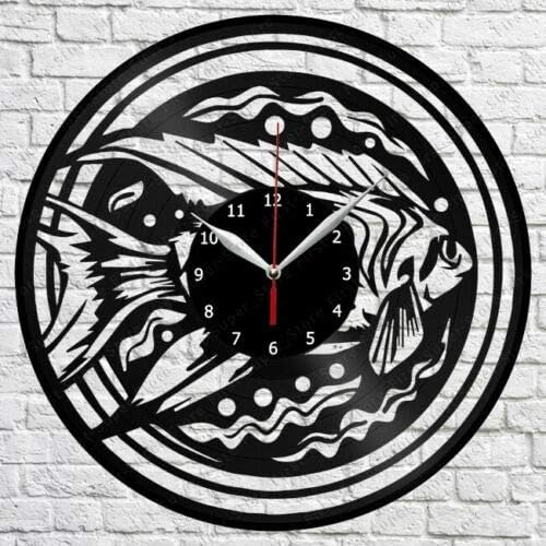 Reloj de pared de vinilo con diseño de peces LP, decoración del hogar, regalo de personalidad artística hecha a mano (tamaño 12 pulgadas, color