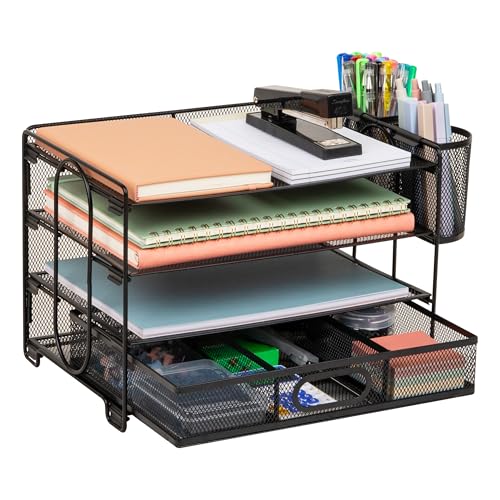 Image of Mind Reader Mesh Desk Organizer, 3 Trays, 1 Drawer, 2 Pen Holders, Office Desktop Organizer, Metal Mesh, Black