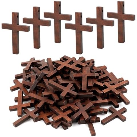 Nicime 100pcs Brown Wood Cross, Wooden Cross Craft Decoration, Small Ornament DIY Accessory for Keychain, Bracelet, Necklace Cover